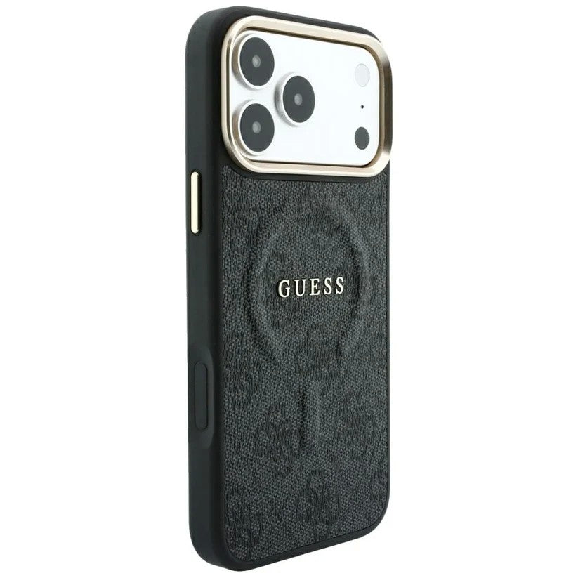 Dėklas Guess PU Leather 4G Gold Frame Embossed MagSafe Apple iPhone 18 Pro Max juodas