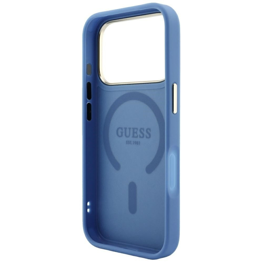 Dėklas Guess PU Leather 4G Gold Frame Embossed MagSafe Apple iPhone 18 Pro Max mėlynas