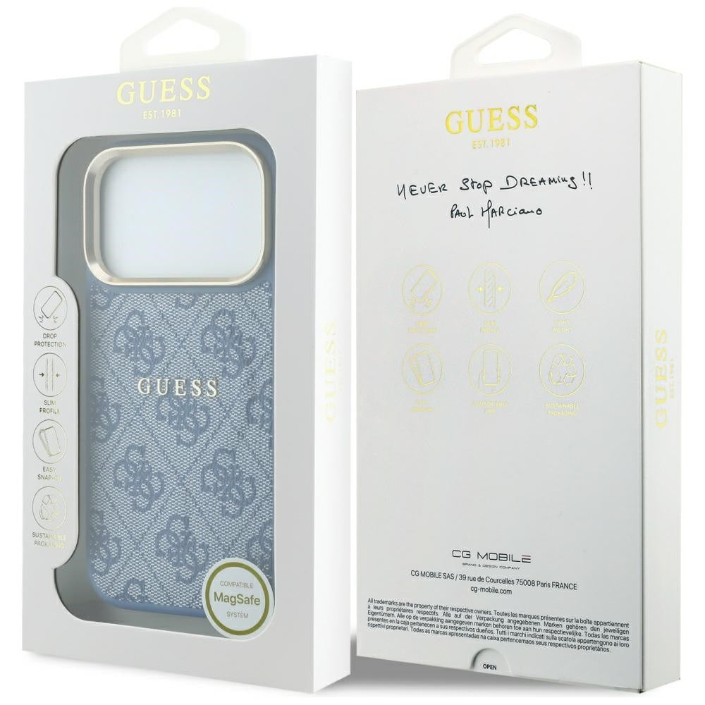 Dėklas Guess PU Leather 4G Gold Frame Embossed MagSafe Apple iPhone 18 Pro Max mėlynas