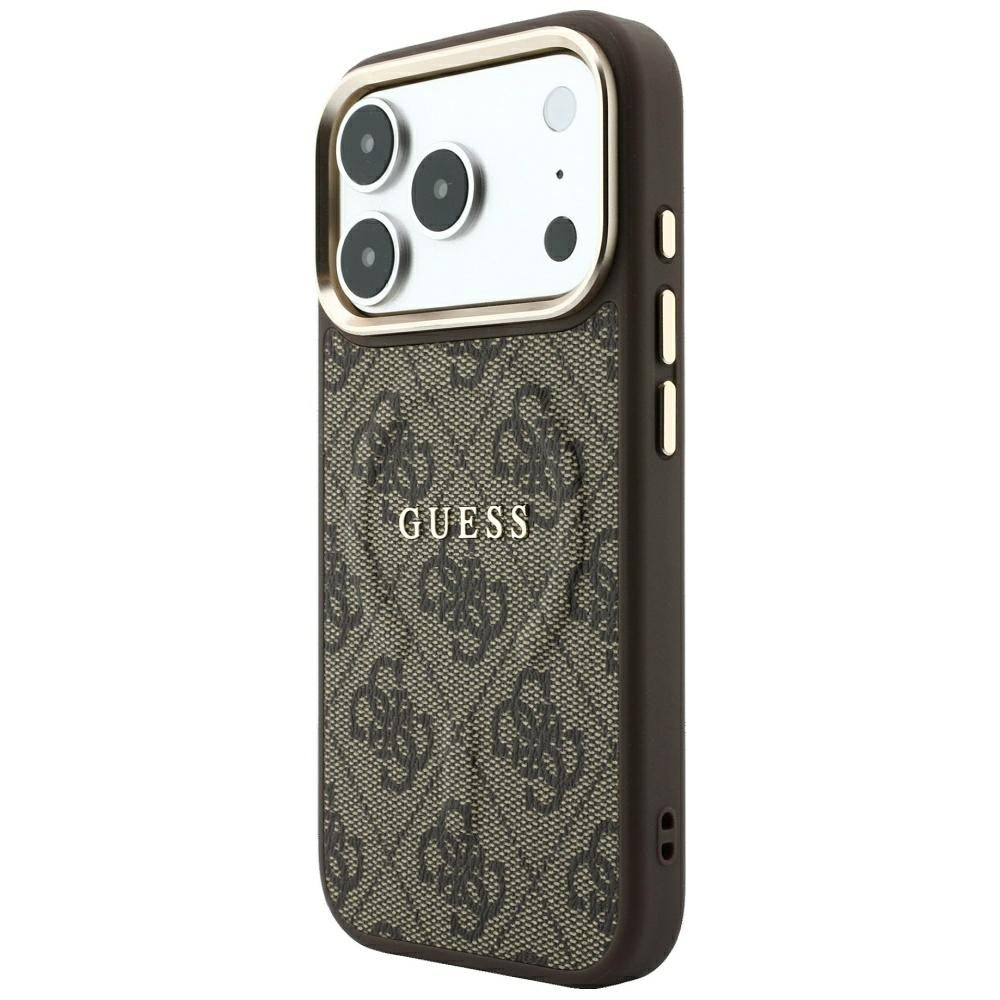 Dėklas Guess PU Leather 4G Gold Frame Embossed MagSafe Apple iPhone 18 Pro Max rudas