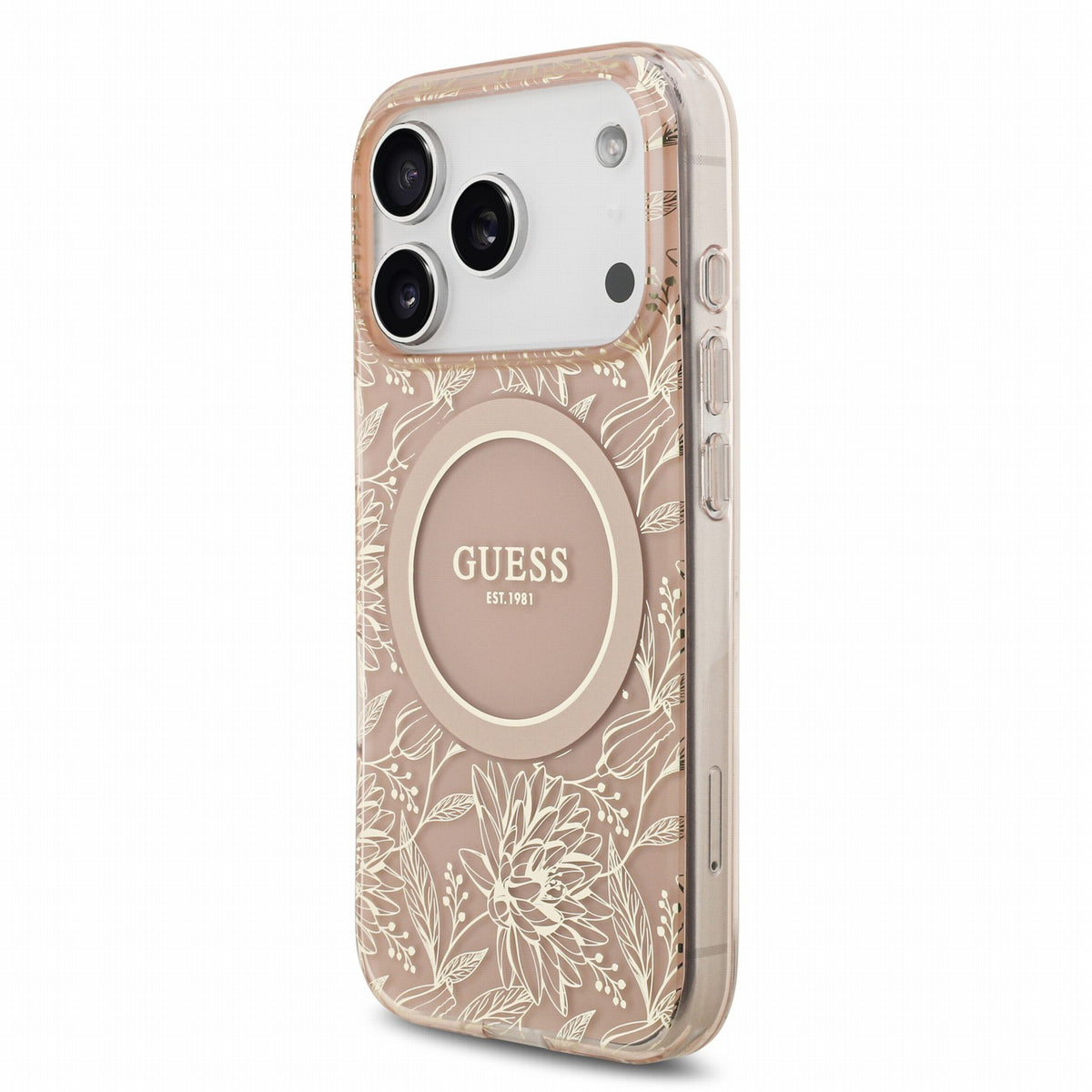 Dėklas Guess IML Flowers Allover Strap MagSafe Apple iPhone 18 Pro rožinis