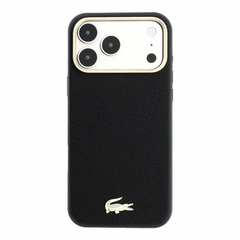 Dėklas Lacoste PU Leather Champs Elysees Gold Logo MagSafe Apple iPhone 18 Pro juodas