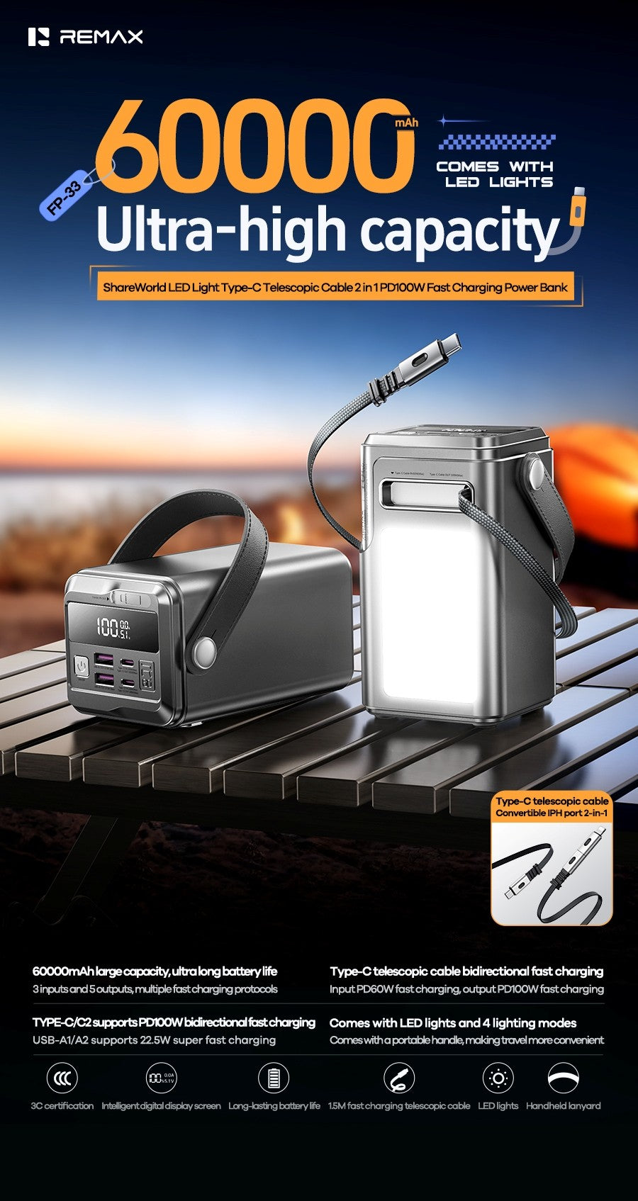 Išorinė baterija Power Bank Remax FP-33 100W 60000mAh pilka