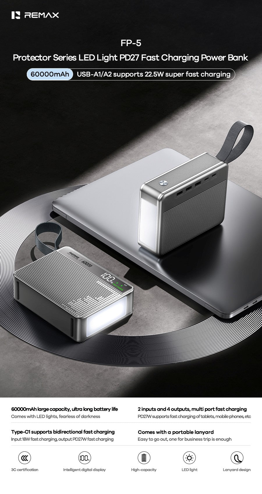 Išorinė baterija Power Bank Remax FP-5 27W 60000mAh pilka