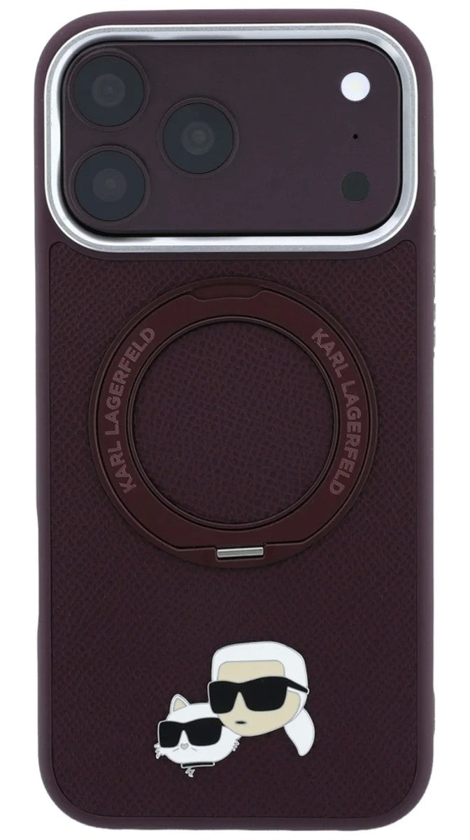Dėklas Karl Lagerfeld PU Grained K&CH Heads Ring Stand Magsafe Apple iPhone 18 Pro tamsiai raudonas