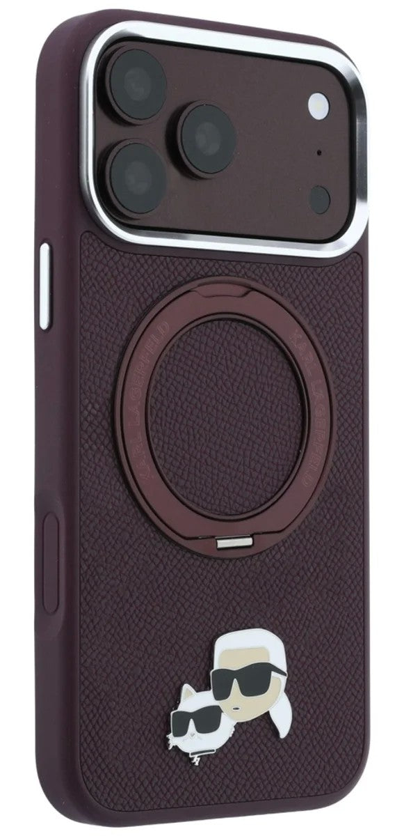 Dėklas Karl Lagerfeld PU Grained K&CH Heads Ring Stand Magsafe Apple iPhone 18 Pro tamsiai raudonas