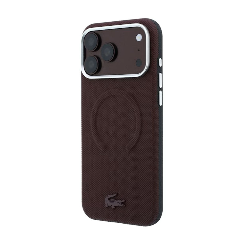 Dėklas Lacoste PVC Petit Pique Semi Wrap Embossed MagSafe Apple iPhone 18 Pro tamsiai raudonas