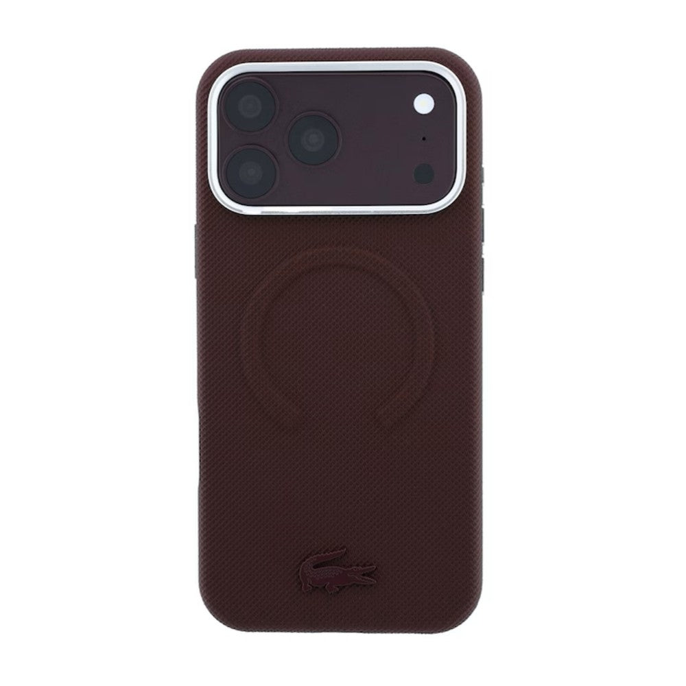Dėklas Lacoste PVC Petit Pique Semi Wrap Embossed MagSafe Apple iPhone 18 Pro tamsiai raudonas