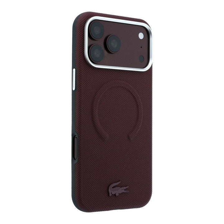 Dėklas Lacoste PVC Petit Pique Semi Wrap Embossed MagSafe Apple iPhone 18 Pro tamsiai raudonas