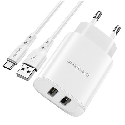 Įkroviklis Borofone BN2 2xUSB 2.1A + USB Type-C, baltas