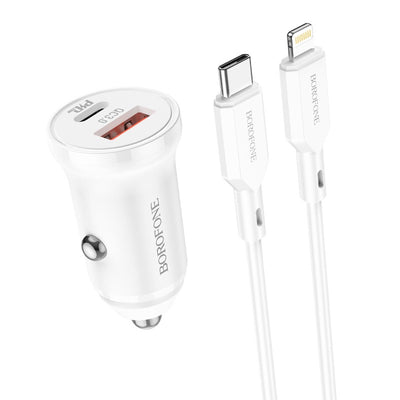 Automobilinis įkroviklis Borofone BZ18A USB-A/Type-C PD20W+QC3.0 + Lightning baltas