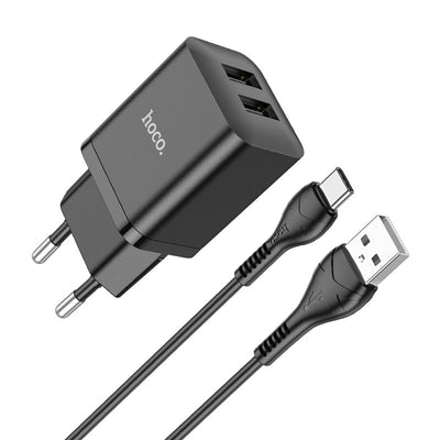 Įkroviklis Hoco N25 2xUSB-A (2.1A) + Type-C juodas
