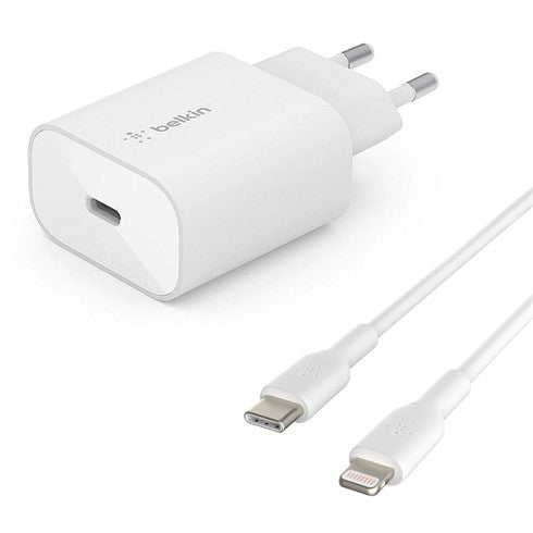 Įkroviklis Belkin Boost Charge USB-C PD 3.0 PPS 25W + USB-C to Lightning kabelis baltas