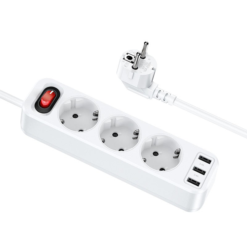 Ilgiklis Hoco NS2 Aura 3 lizdų + 3xUSB-A 1.8m baltas