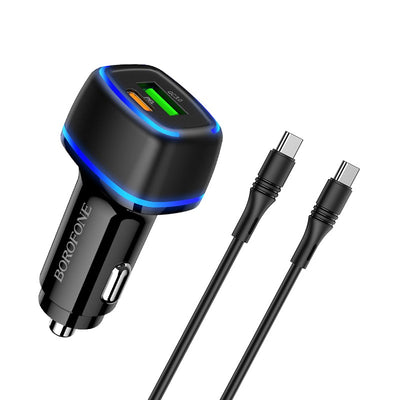 Automobilinis įkroviklis Borofone BZ14A PD20W+QC3.0 su 2 USB jungtimis (Type-C to Type-C) juodas