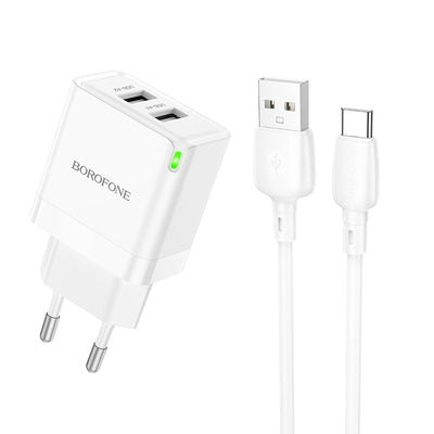Įkroviklis Borofone BN15 2xUSB-A + USB-A to USB-C cable 1.0m baltas