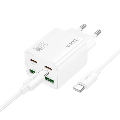 Įkroviklis Hoco N56 2xUSB-C/2xUSB-A PD30W + USB-C to USB-C cable 1.0m baltas