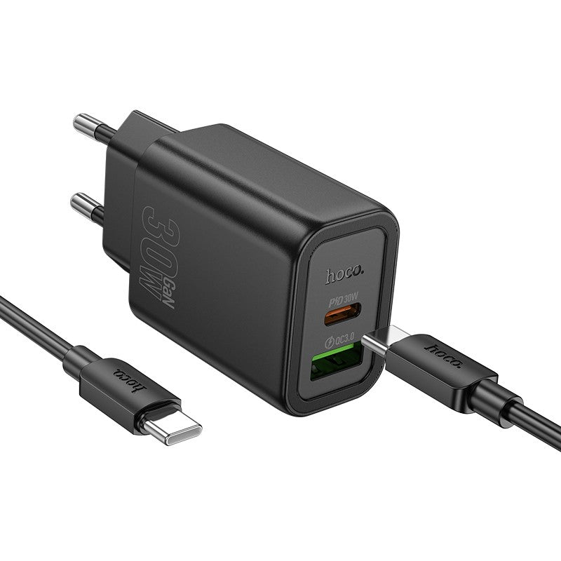 Įkroviklis Hoco N63 30W GaN USB-C/USB-A + USB-C to USB-C cable 1.0m juodas