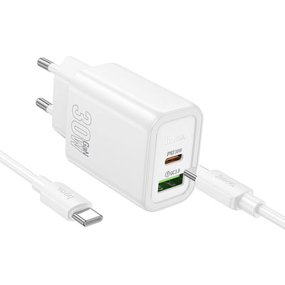 Įkroviklis Hoco N63 30W GaN USB-C/USB-A + USB-C to USB-C cable 1.0m baltas