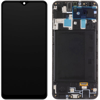 Ekranas Samsung A205 A20 su lietimui jautriu stikliuku ir rėmeliu originalus Black (service pack)