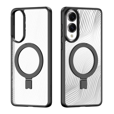 Skaidrus telefono dėklas su juodu žiedu, baltos bangelės fone.
