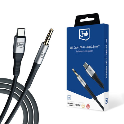 USB-C ir 3.5 mm jungtis, juodas kabelis, mėlyna pakuotė su prekės ženklu "3mk".