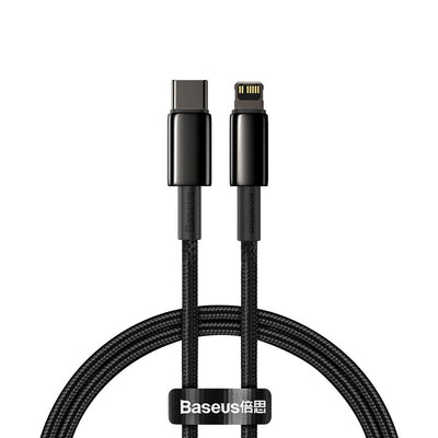 Juodas USB-C į Lightning kabelis su pintu laidu, prekės ženklu "Baseus".
