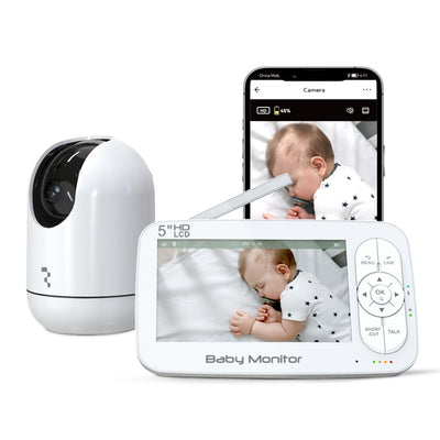 Baltas kūdikio stebėjimo prietaisas su ekranu, rodančiu miegantį kūdikį, ir išmaniuoju telefonu.