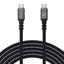 Juodas pintas USB-C kabelis su dviem jungtimis, pažymėtomis baltais simboliais.