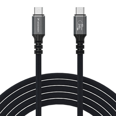 Juodas pintas USB-C kabelis su dviem jungtimis, pažymėtomis baltais simboliais.