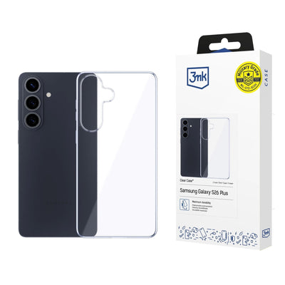 Skaidrus telefono dėklas šalia juodo telefono ir baltos pakuotės su mėlynu logotipu.