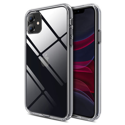 Skaidrus telefono dėklas ant juodo telefono, matomi du galiniai kameros objektyvai.