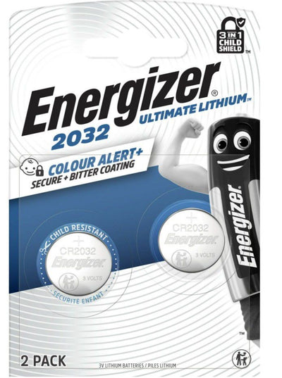 Du "Energizer 2032" ličio elementai pakuotėje su juoda ir mėlyna grafika.
