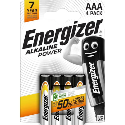 „Energizer“ AAA baterijų pakuotė su keturiomis baterijomis ir juodu personažu ant pakuotės.