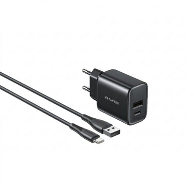 Įkroviklis Awei PD85T-EU 22.5W USB-A/USB-C + USB-A to USB-C cable 1.0m juodas