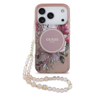 Dėklas Guess IML Flowers Strap MagSafe Apple iPhone 17 Pro rožinis