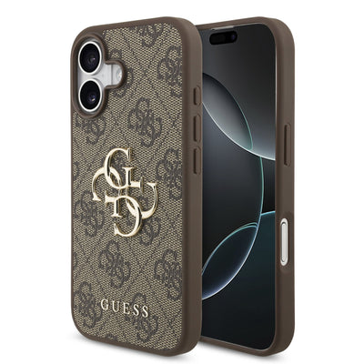Rudos spalvos „Guess“ telefono dėklas su dekoratyviniu raštu ir logotipu, du objektyvai.