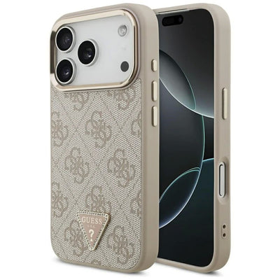 Dėklas Guess PU Leather 4G Strass Triangle Logo Gold Frame MagSafe Apple iPhone 17 Pro Max rožinis