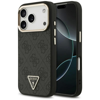 Dėklas Guess PU Leather 4G Strass Triangle Logo Gold Frame MagSafe Apple iPhone 17 Pro Max juodas