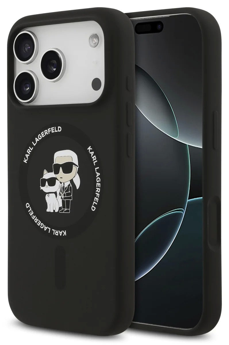 Dėklas Karl Lagerfeld Liquid Silicone Karl and Choupette MagSafe Apple iPhone 17 Pro Max juodas