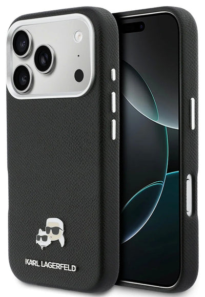 Dėklas Karl Lagerfeld PU Karl and Choupette Heads Pins MagSafe Apple iPhone 17 Pro juodas