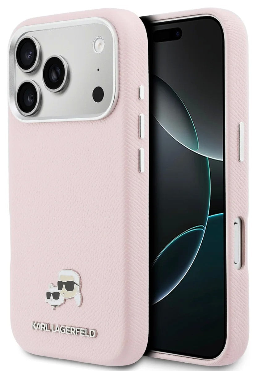 Dėklas Karl Lagerfeld PU Karl and Choupette Heads Pins MagSafe Apple iPhone 17 Pro Max rožinis
