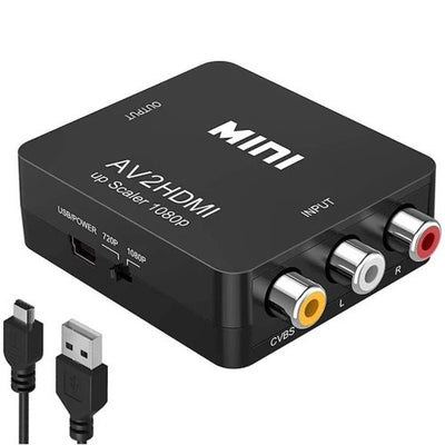 Juodas AV2HDMI keitiklis su trimis spalvotais įėjimais ir USB kabeliu šalia.