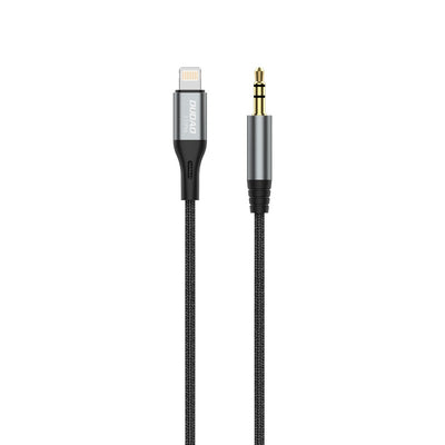 Juodas laidas su Lightning ir 3.5 mm audio kištukais, sidabrinės detalės.