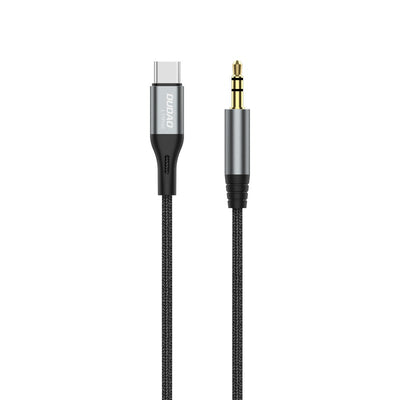 USB-C ir 3,5 mm lizdo garso laidas, juodas, sidabrinės detalės.