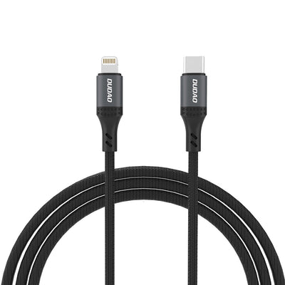 Juodas laidas su USB-C ir Lightning jungtimis, abiejų galų prekės ženklas „CHOETECH“.