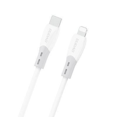 Baltas USB-C ir Lightning kabelis su pilkais akcentais ant jungčių.