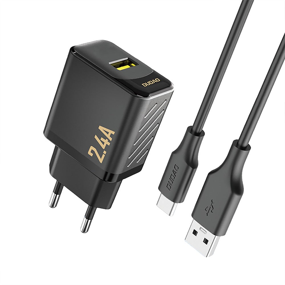 Įkroviklis Dudao A23T 12W USB-A + USB-A to USB-C cable 1.0m juodas