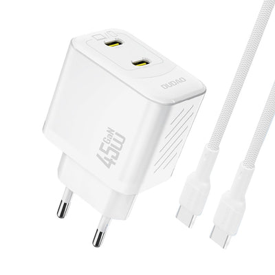 Įkroviklis Dudao A28PC GaN 45W 2xUSB-C + USB-C to USB-C cable 1.0m baltas