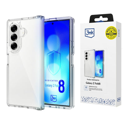 Permatomas „Galaxy Z Fold 8“ dėklas šalia pakuotės, mėlynas fonas.